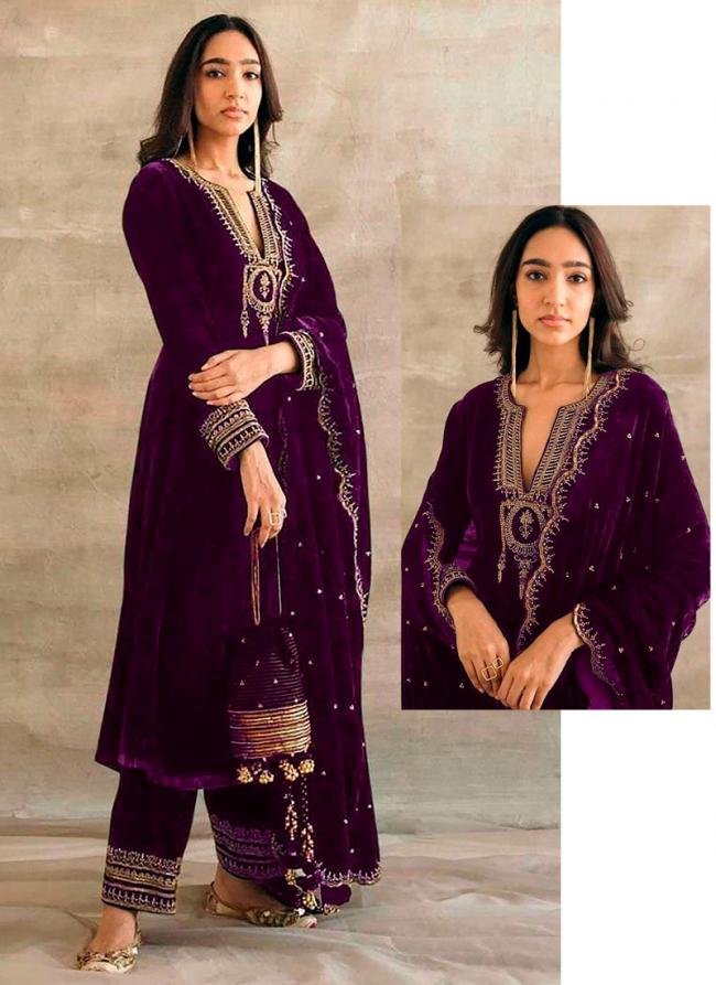 Velvet Wine Eid Wear Embroidery Work Pakistani Suit